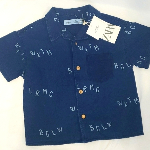 3/$30 NWT ZARA KIDS Denim collection alphabet shirt short sleeve button up - Picture 1 of 5